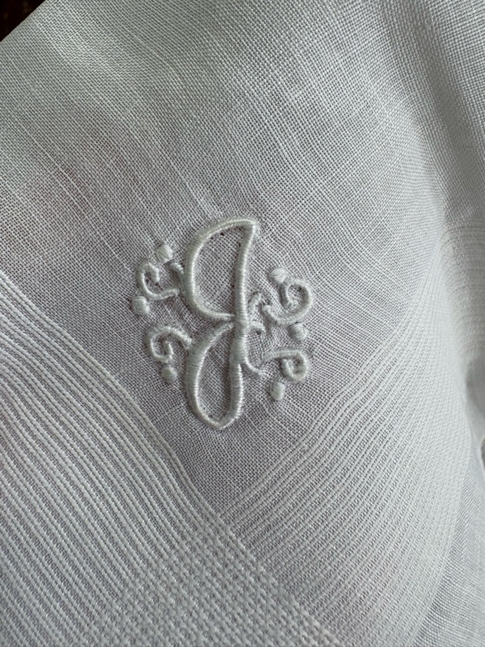 VINTAGE ANTIQUE White hand embroidered Monogram 'J' 18” square handkerchief
